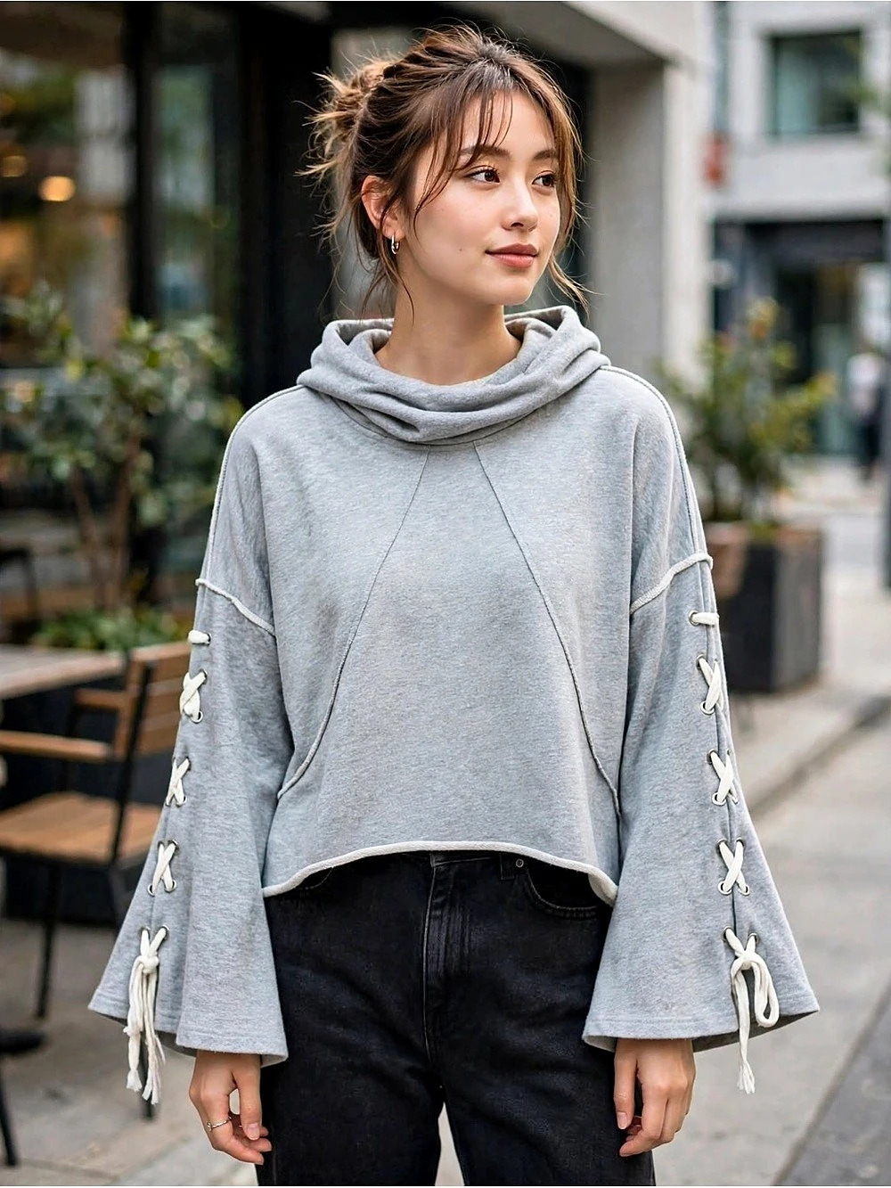POL Boho Lace Up Sleeve Cowl Neck Hoodie Gray Small